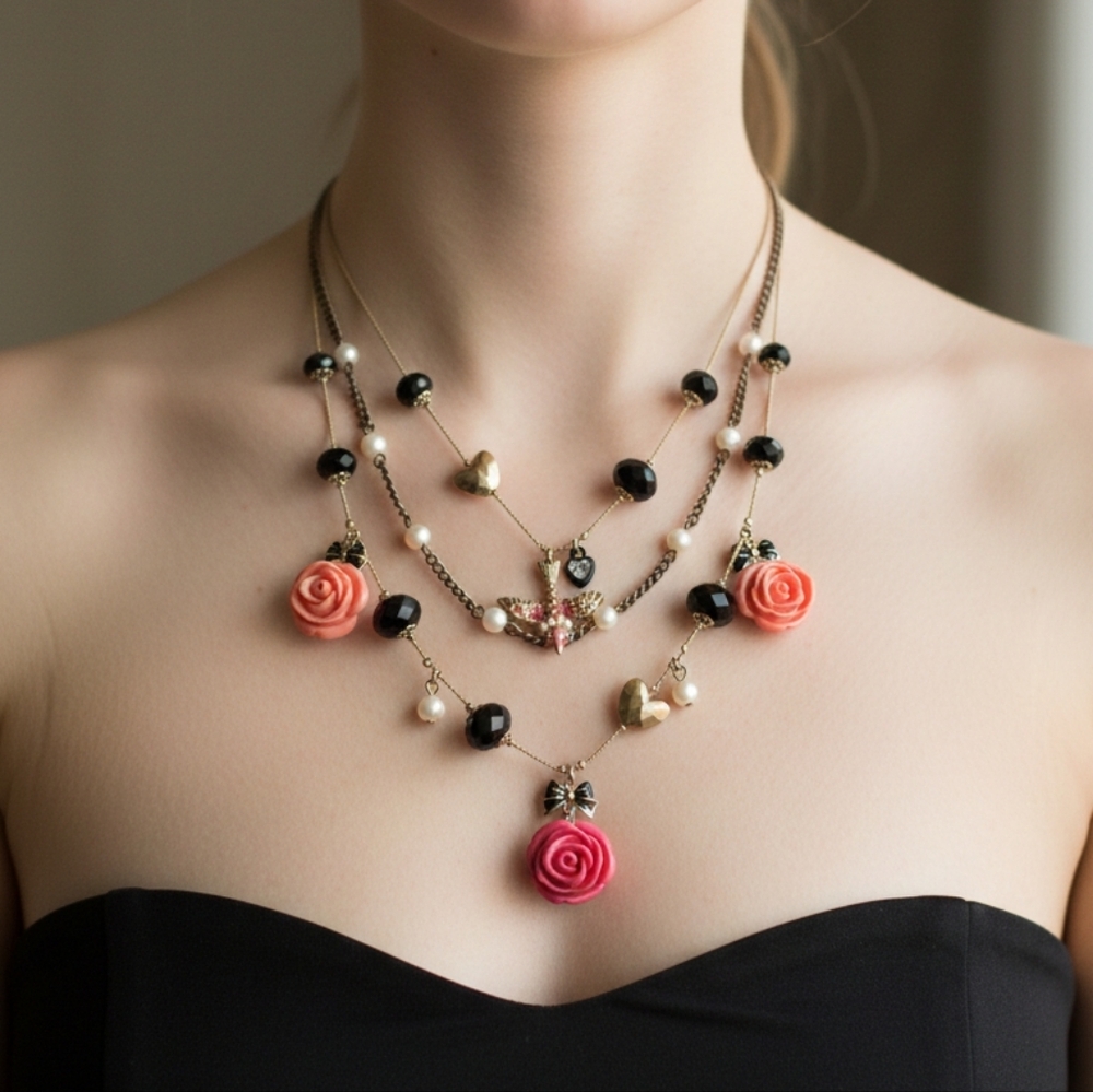 Betsey Johnson Rare Vintage Rose Multi-Layered (3) Necklace with‎ Floral Accents